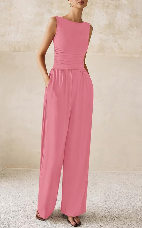 PRETTYGARDEN One Piece Jumpsuits for Women Dressy Casual Sleeveless Crewneck Wide Leg Rompers Jumpers Vacation Summer Outfits