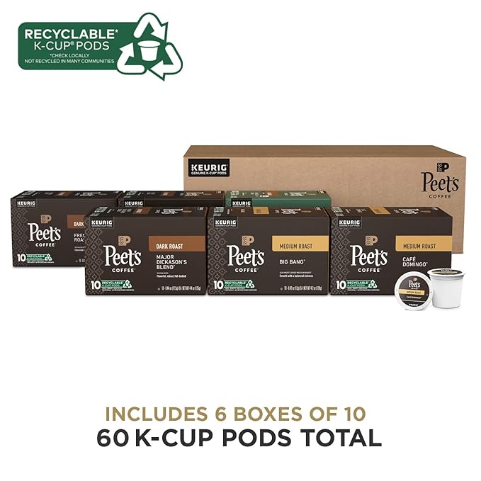Peet's Coffee, Keurig K-Cup Pods Variety Pack - Major Dickason's Blend, Big Bang, French Roast, Café Domingo, Organic Alma De La Tierra, House Blend, 60 Count (6 Boxes of 10 Pods)