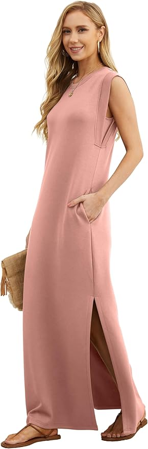 GRECERELLE 2026 Women Year-Round Casual Round Neck Loose Split Wrinkle-Free Long Maxi Vacation Dress with Pockets (XXS-4XL)