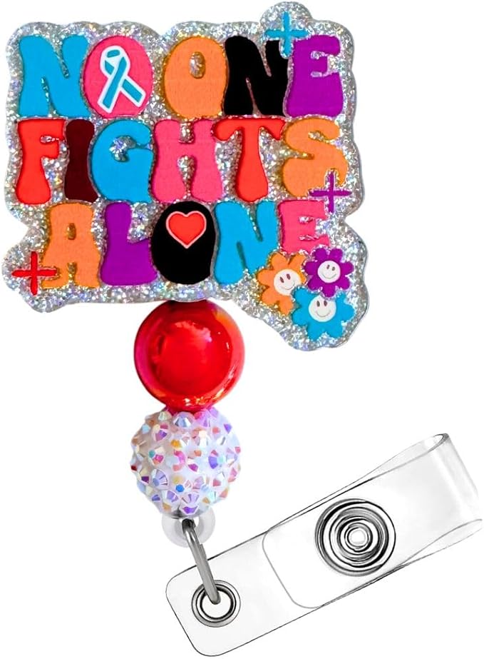 No One Fights Alone Oncology Badge Reel Breast Cancer Healthcare Awareness Survivor Support Lab Tech Decorative Hospital Clinic ID Name Holder Gift for Chemo Nurse MA CNA Nursing Student Clinic Staff