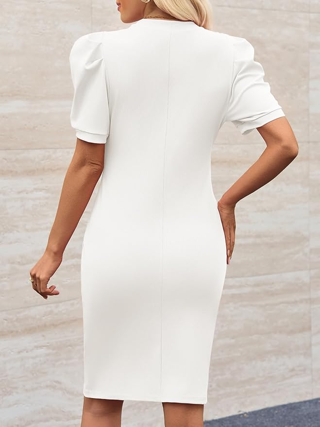 Cicy Bell Women's Puff Sleeve Bodycon Work Dresses Crew Neck Business Casual Office Pencil Dress
