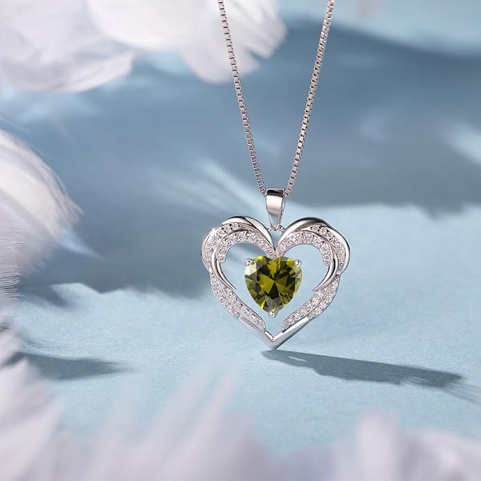 Jurikko Heart Necklaces Valentine's Gift for Women, Birthstone 925 Sterling Silver Angel Wings Love Pendant Necklaces for Women, Jewelry Gifts for Wife, Anniversary, Mother's day