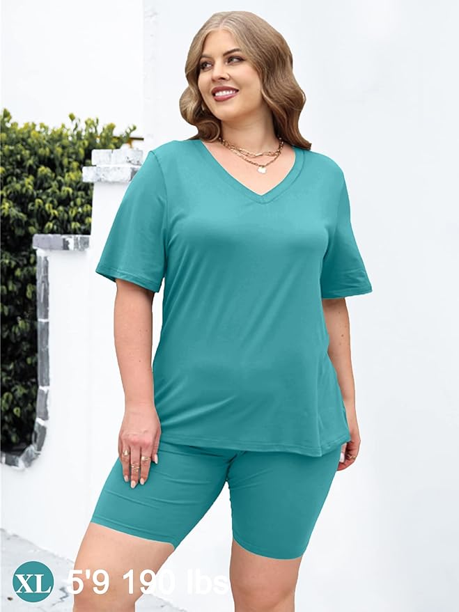 AGSEEM Two Piece Outfits For Women Summer V Neck T-Shirt Tops Biker Shorts Workout Sports Tracksuit