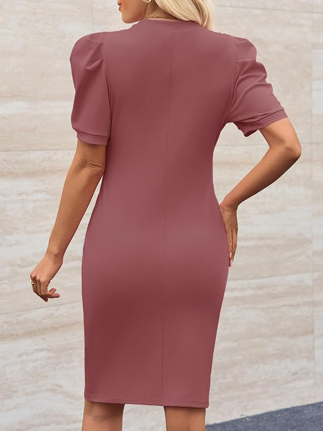 Cicy Bell Women's Puff Sleeve Bodycon Work Dresses Crew Neck Business Casual Office Pencil Dress
