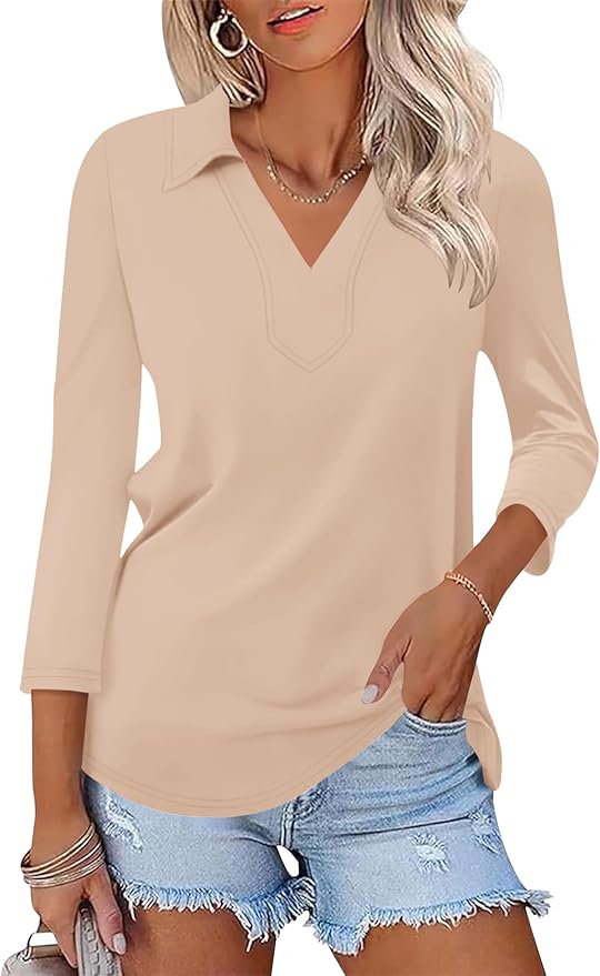 LOMON 3/4 Length Sleeve Womens Tops 2026 Spring Summer Collared Polo Shirts V Neck Casual Basic Polos Tees Shirt