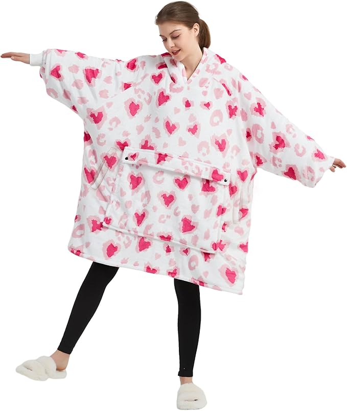 KFUBUO Wearable Blanket Hoodie for Adult Sherpa All Patterns Heart Oversized Hoodie Sweatshirt Blanket with Pockets Valentine Gifts for Her