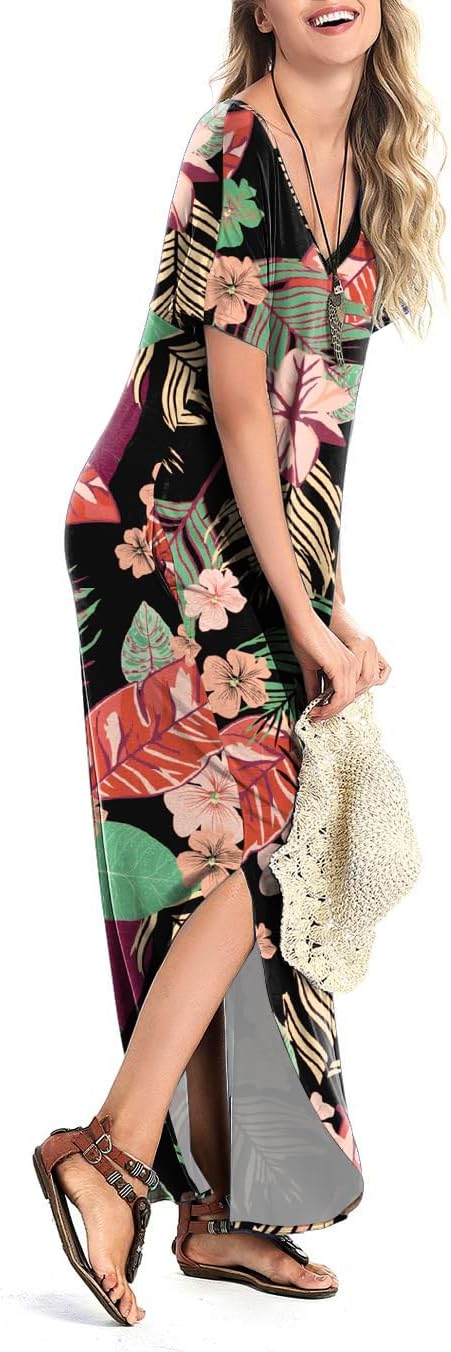 Arolina Women's Summer Maxi Dress Short Sleeve V Neck Casual Loose Long Beach Split Dresses with Pockets