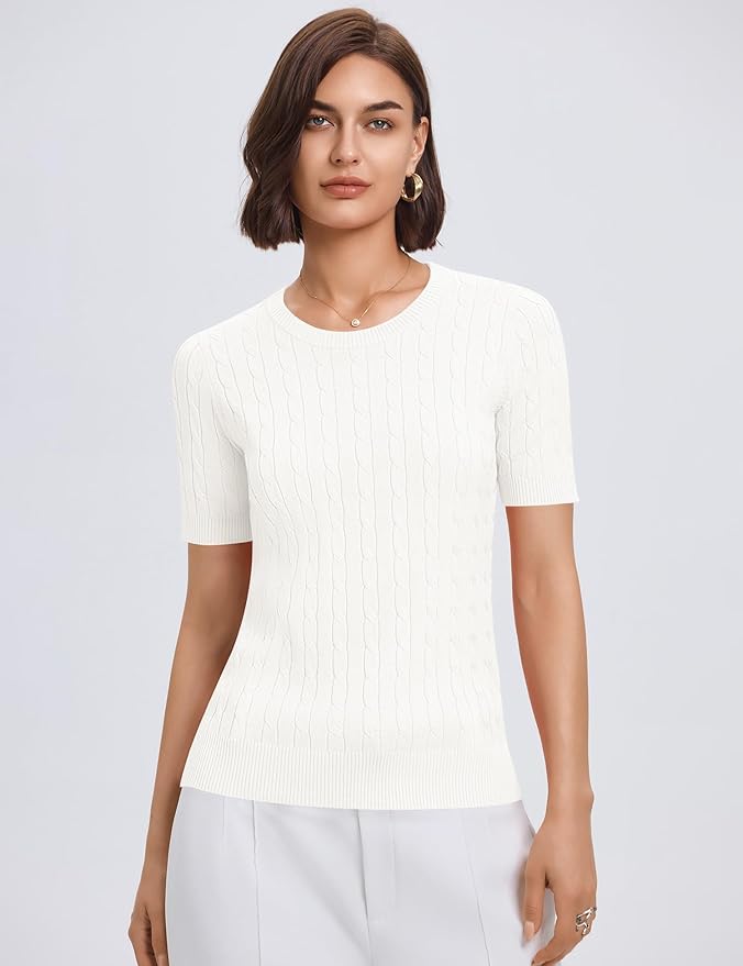 Micoson Womens Short Sleeve Cable Knit Sweater Tops Crewneck Lightweight Spring Summer Shirts Business Dressy Casual Outfits