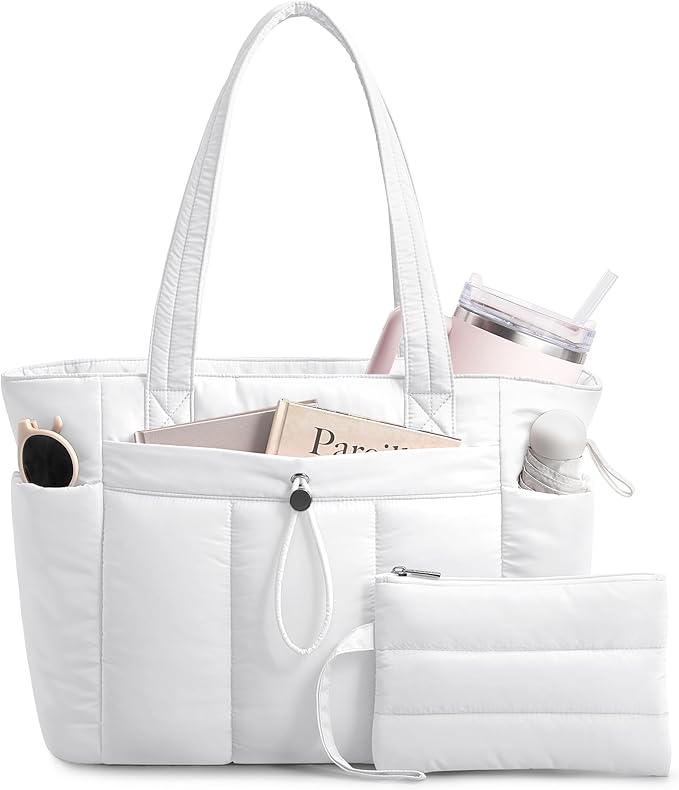 TOPDesign Puffy Tote Bag for Women with Cup Holder & Laptop Compartment & Cosmetic Bag & Trolley Sleeve for Work, Travel