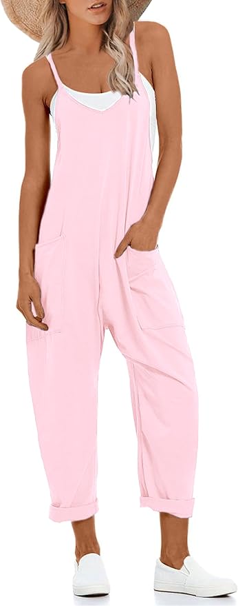 Lentta Women's Causal Jumpsuits V Neck Sleeveless Harem Overalls Stretchy Adjustable Strap Romper with Pockets