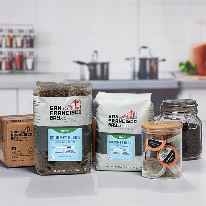 San Francisco Bay Coffee - Decaf Medium-Dark Roast - Decaf Gourmet Blend (80 ct) - Single Serve Coffee Pods, Swiss Water Processed, Commercially Compostable, K Cup Compatible