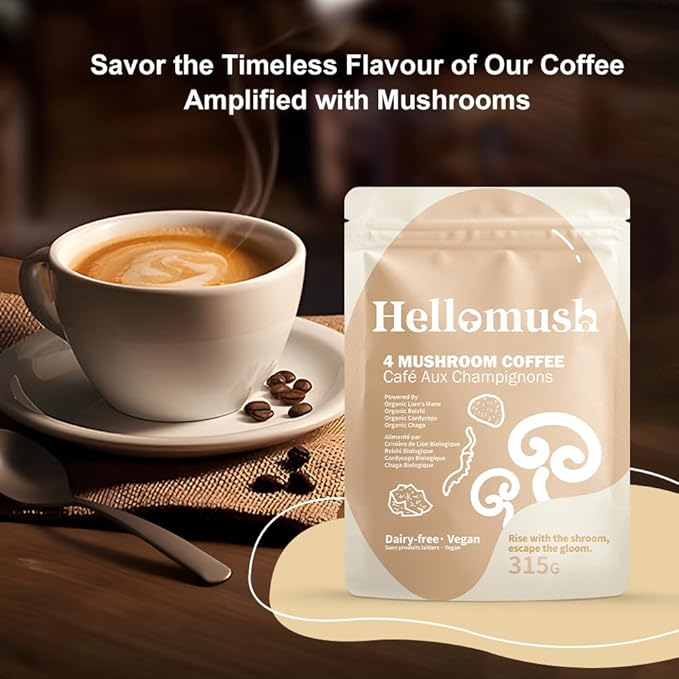 Hellomush Organic Instant Mushroom Coffee with Lions Mane, Reishi, Chaga and Cordyceps Coffee, Adaptogen Drink for Greater Energy, More Focus, Better Digestion, and Gut Support 90 Servings 11.11 oz