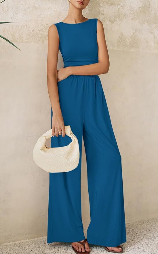 PRETTYGARDEN One Piece Jumpsuits for Women Dressy Casual Sleeveless Crewneck Wide Leg Rompers Jumpers Vacation Summer Outfits