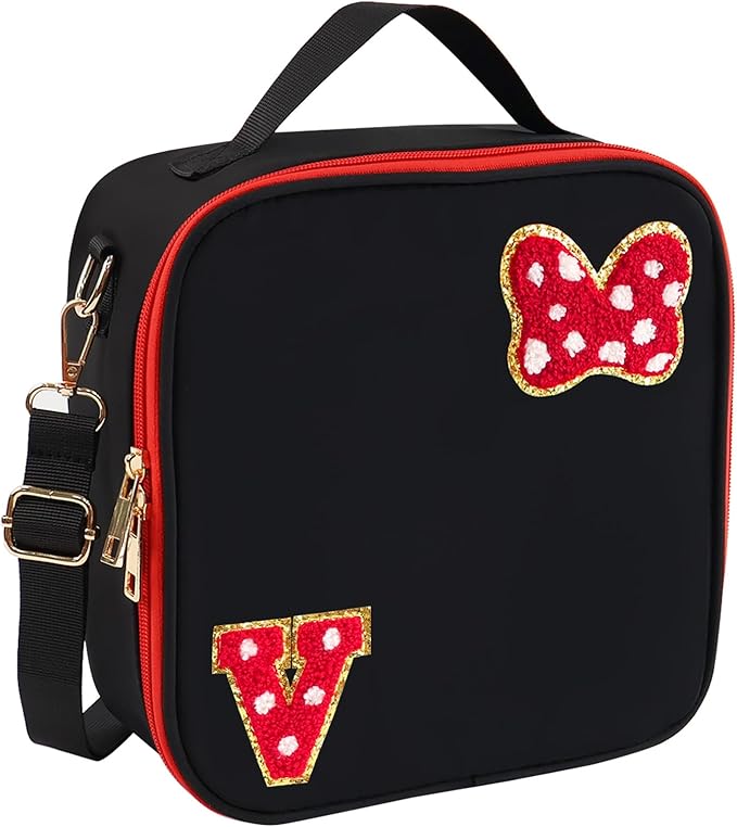 Preppy Initial Bow Mouse Lunch Bag, Kids Insulated Lunch Box Gifts for Teen Girls Daughter, Reusable Soft Lunch Containers Crossbody Cooler Bag Must Haves for Park Travel School Work Picnic Black V
