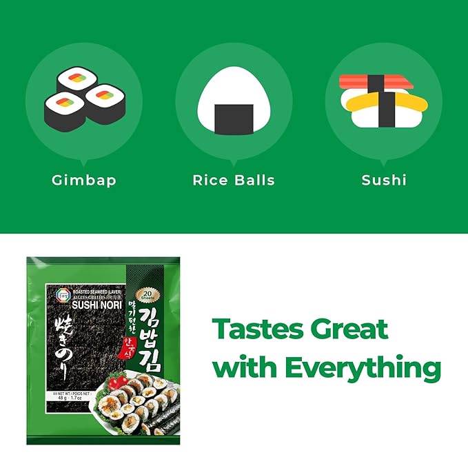 Surasang Premium Nori Sheets for Sushi & Gimbap - Korean Roasted Seaweed Sheets, 20 Full Size Sheets, Pack of 1 - Naturally Salty Sushi Nori with Umami Flavor, 10 Calories, No Sugar