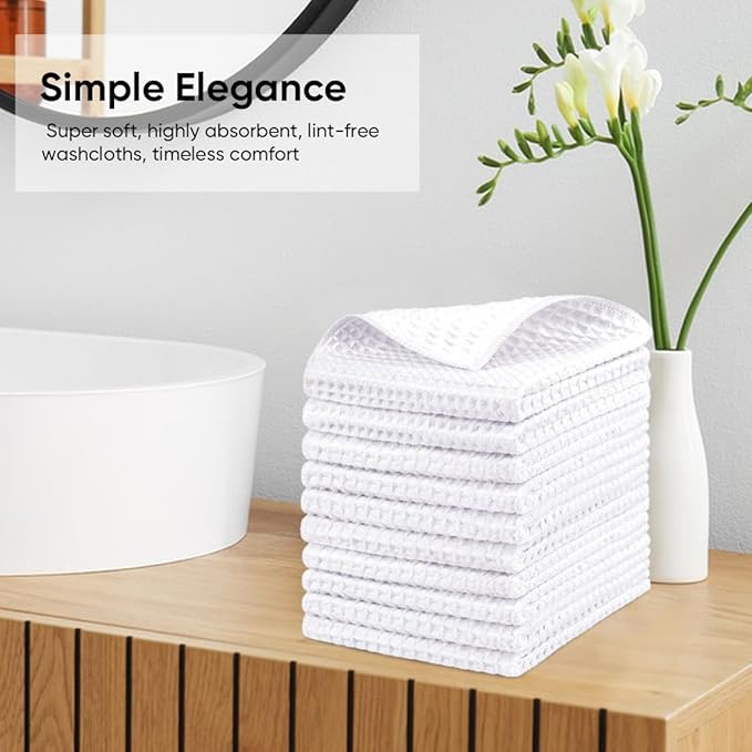 HOMEXCEL White Waffle Washcloths Towels 10 Pack, Premium Microfiber Face Towels, Ultra Soft, Lightweight Highly Absorbent Quick Dry Washcloths for Bathroom, Gym, Shower, Hotel, Spa 12 x 12 Inch