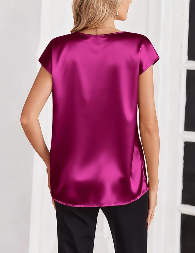 Zeagoo Women Silk Satin Tops Cap Short Sleeve Blouse V Neck Shirts Business Casual Outfits S-2XL