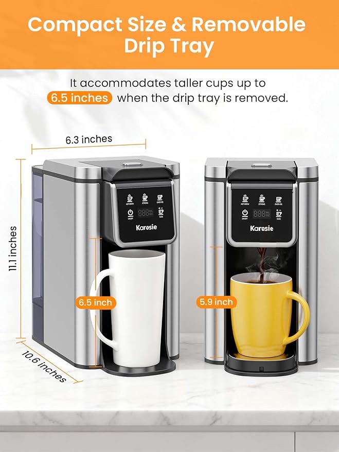 Karosie K Cup Coffee Maker with Strong Brew Setting, 50oz Removable Tank, 6-14 oz Brew Sizes Hot & Iced Coffee Machine for K-Cup and Grounds, Descaling Reminder, Stainless Steel,Black