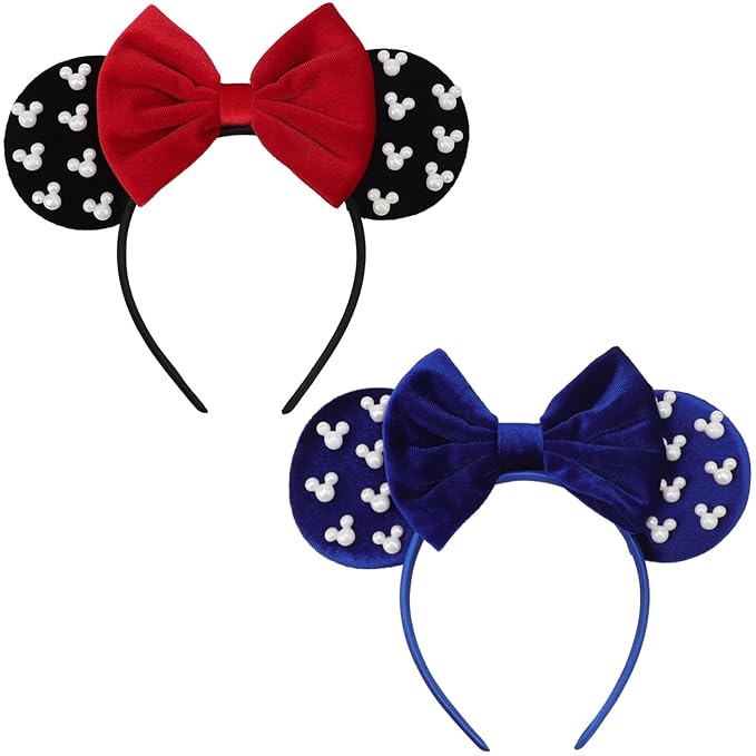 DRESHOW Mouse Ears Headbands for Women Pearl Hairbands Bow Head bands Velvet Head band Christmas Cosplay Costume Princess Party Decorations Halloween & Disney Trip