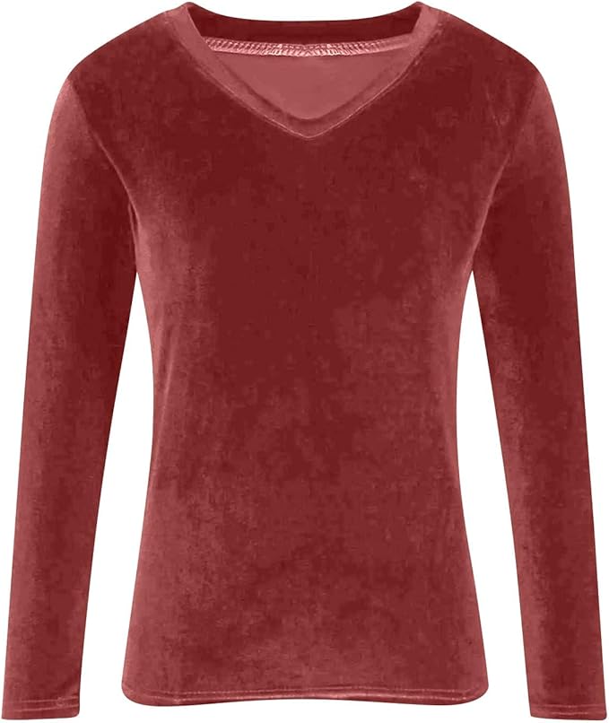 Velvet Tops for Women Dressy Casual V Neck Shirts Loose Fit Vintage Long Sleeve Velour Blouse Solid Holiday Party Outfits