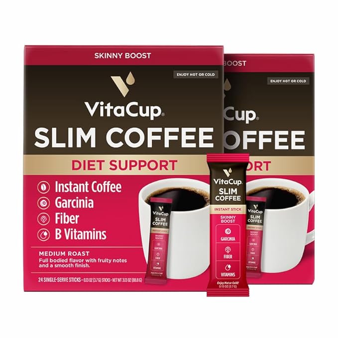 VitaCup Slim Instant Coffee Packets, with Garcinia, Fiber, B Vitamins, Skinny Coffee, Bold & Smooth, Medium Dark Roast, 100% Arabica Coffee in Single Serve Sticks, 48 Ct