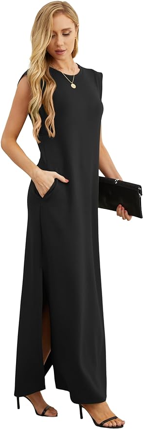 GRECERELLE 2026 Women Year-Round Casual Round Neck Loose Split Wrinkle-Free Long Maxi Vacation Dress with Pockets (XXS-4XL)