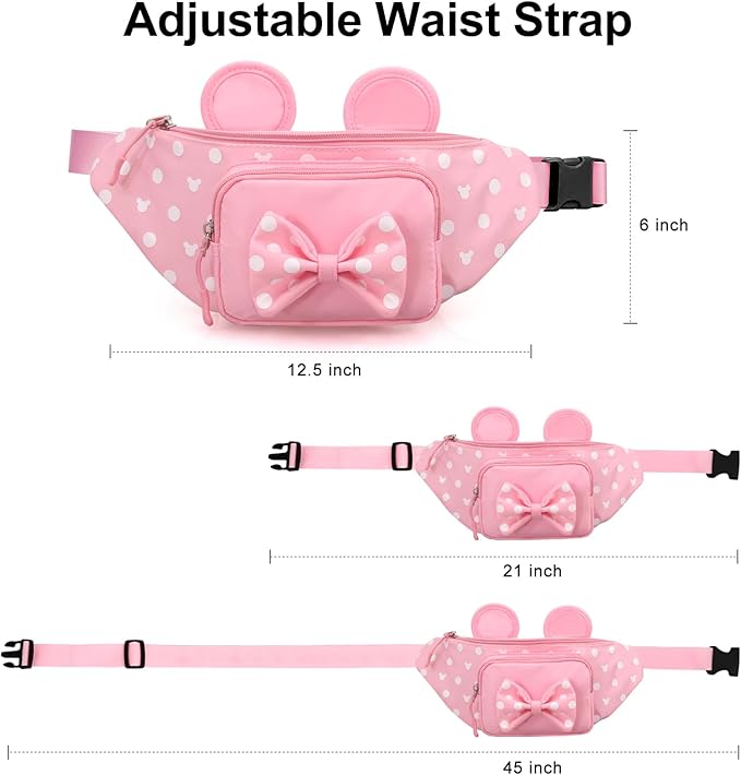 Pink Fanny Pack for Women Teen Girls Mini Mouse Fanny Pack Cute Bowknot Polka Dot Waist Pack Outdoor Travel Waist Bag Cartoon Hiking Belt Bag Bum Bags with Mouse Ears