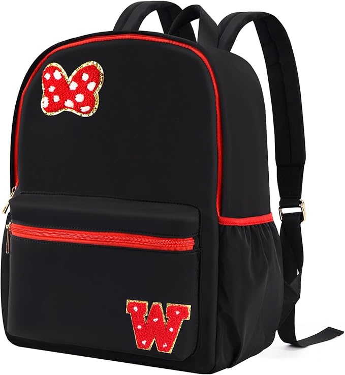 Preppy Initial Bow Mouse Backpacks for Girls 14.6 Inch, Black Kids Backpacks Ages 3-10 for Park Travel Preschool Elementary School, Lightweight Bookbag Birthday Back to School Gifts for Little Girls W