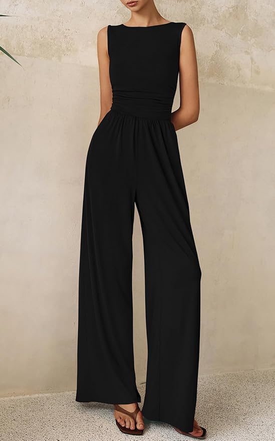 PRETTYGARDEN One Piece Jumpsuits for Women Dressy Casual Sleeveless Crewneck Wide Leg Rompers Jumpers Vacation Summer Outfits