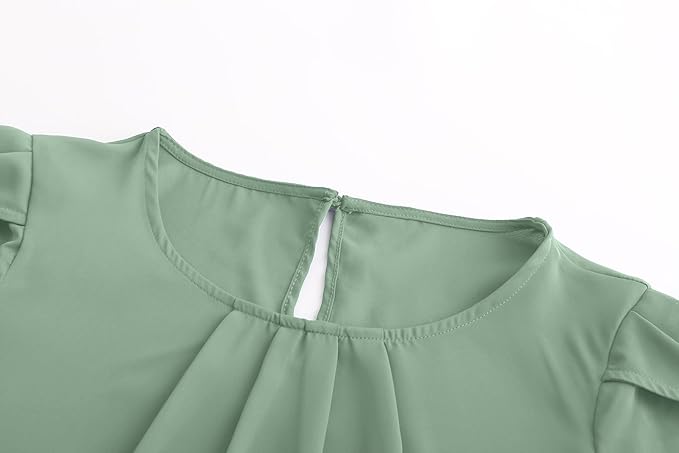 TASAMO Women's Casual Round Neck Basic Pleated Top Cap Sleeve Curved Keyhole Back Chiffon Blouse