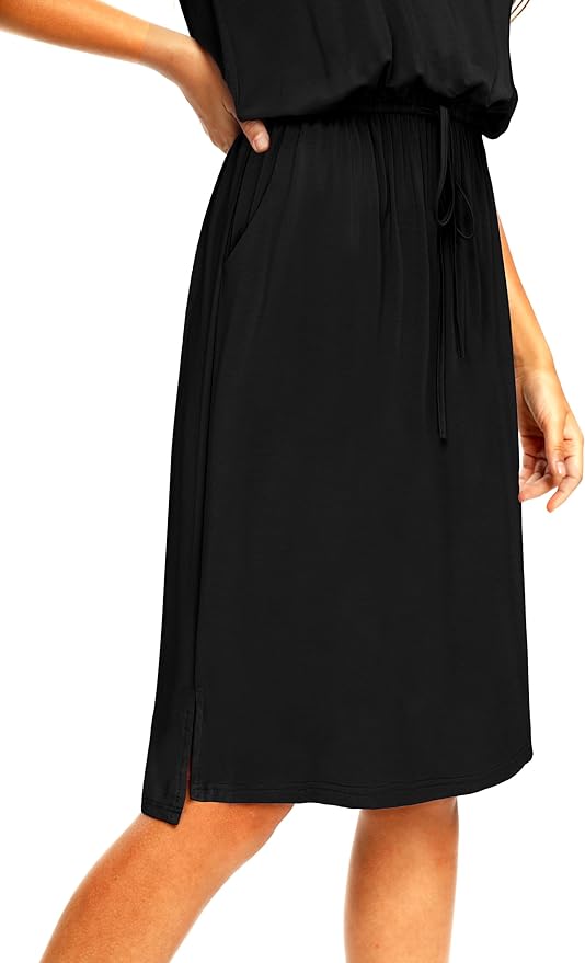 Simier Fariry Womens Spring Hide Belly Knee Length Travel Dress Pocket Summer Short Sleeve Midi Work Casual Outfits