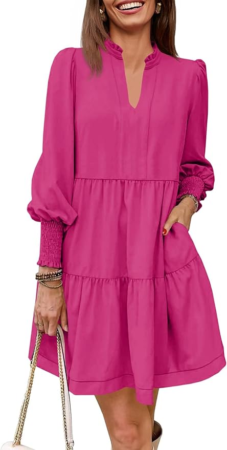 Imily Bela Womens Fall Long Sleeve Tunic Dress Casual V Neck Loose Ruffle Tiered Dress