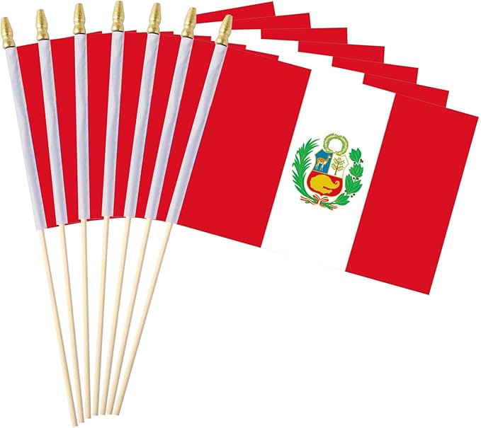 GSYLPFT 12 Pack Peru Flags on Sticks Peruvian Small Mini Hand Held Flags for Office Classroom Holiday Party Decorations