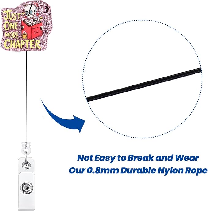 Just One More Chapter Book Lover Badge Reel, Cute Reading Skeleton Librarian Retractable ID Card Badge Holder, Interchangeable Name Tag Badge Clip for Library Staff Gifts, Bookworm Accessories