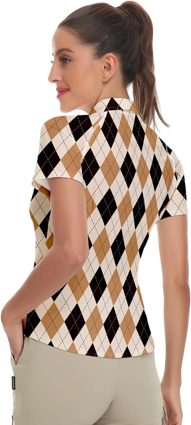 Women's Golf Shirt Short Sleeve Tennis Shirt Quarter Zip Golf Pullover Golf Polo Shirts Argyle Tops