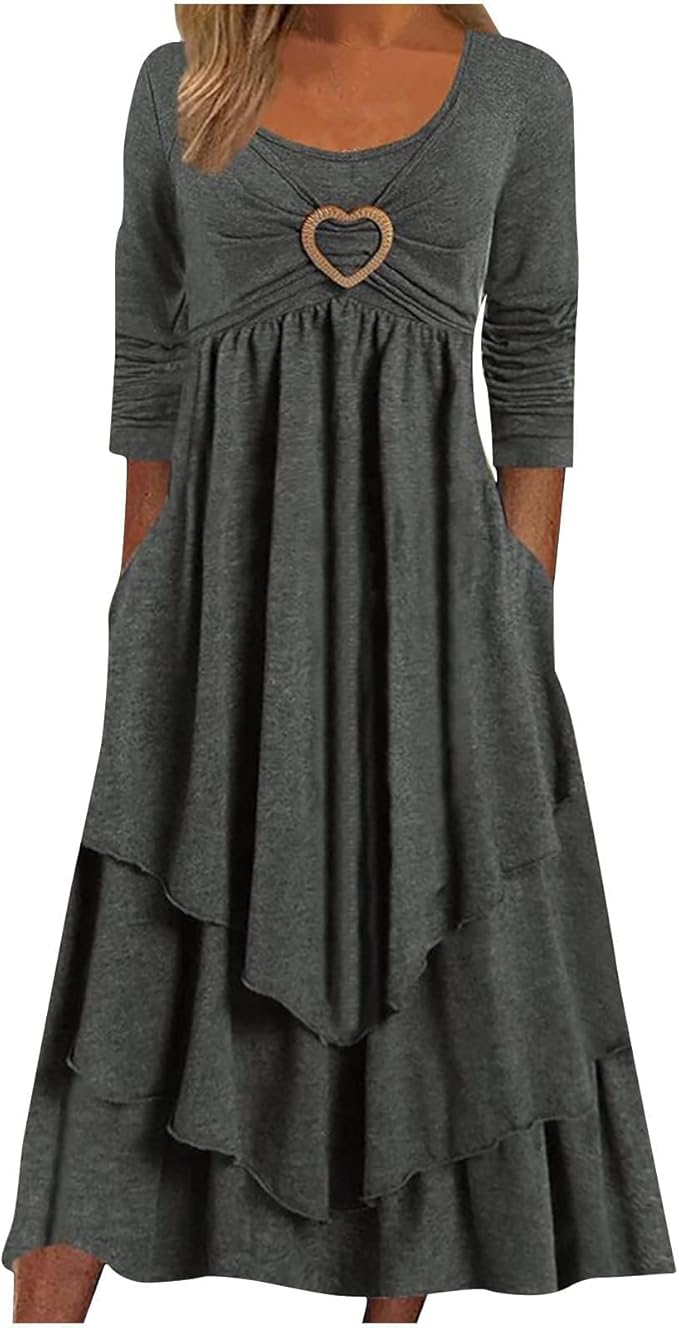 Winter Dresses for Women Wedding Guests Casual Cute Heart Long Sleeve Tiered Maxi Dress with Pockets Plus Size