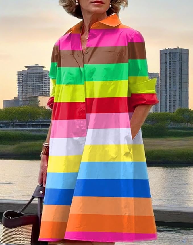 Womens 2025 Long Sleeve Button Down Shirt Summer Dress Casual V Neck Loose Fit Midi Shirt Dresses with Pockets