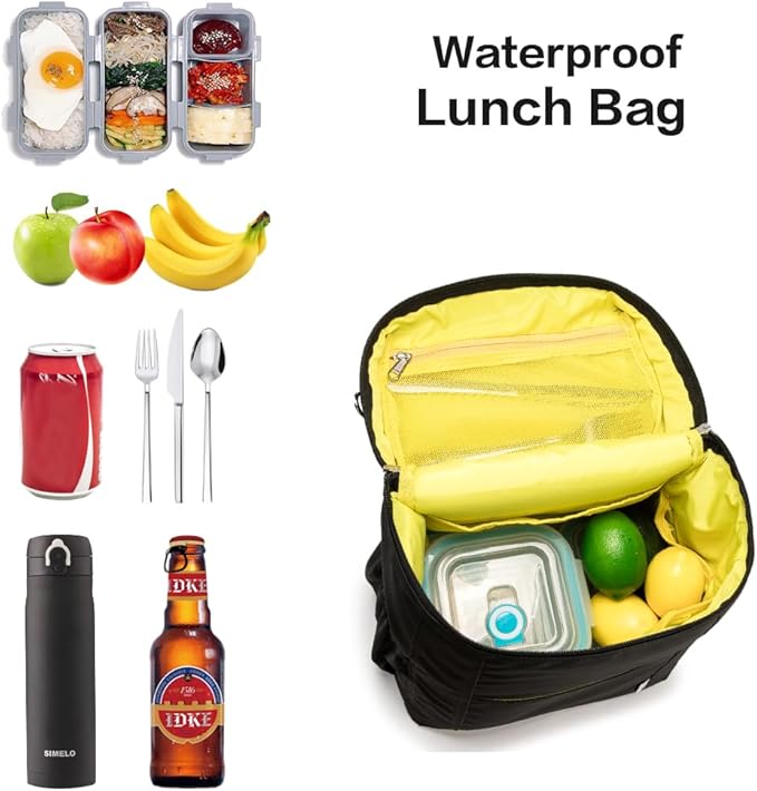 NOL Natural Organic Lifestyle Insulated Lunch Bags for Women Cooler Bag Lightweight Nylon Waterproof Lunch Box For Work (Black, Large)