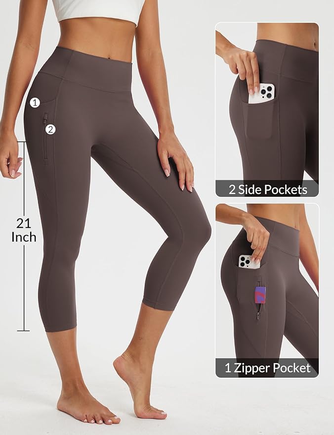 baleaf Women's Capri Leggings with 3 Pockets Tummy Control 21" Inseam Workout Capris Yoga Pants