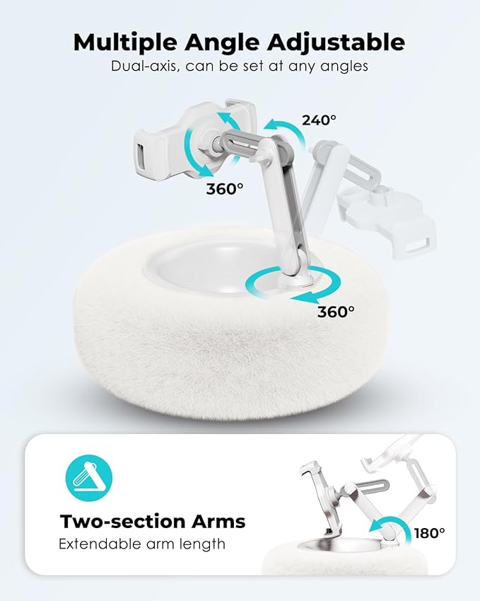 Viozon Tablet Stand Pillow, Compatible with 4.7"-13" Phone/Tablet, iPad, iPhone, Samsung, Google, Kindle, 360°Adjustable Phone Holder for Bed with Soft Plush Fabric, and Detachable Bowl, White
