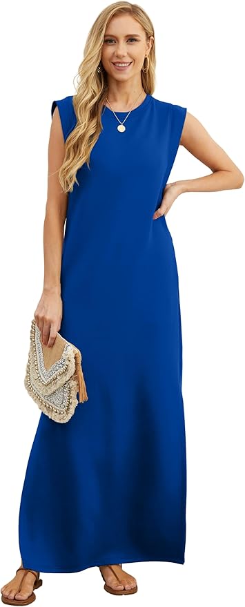 GRECERELLE 2026 Women Year-Round Casual Round Neck Loose Split Wrinkle-Free Long Maxi Vacation Dress with Pockets (XXS-4XL)