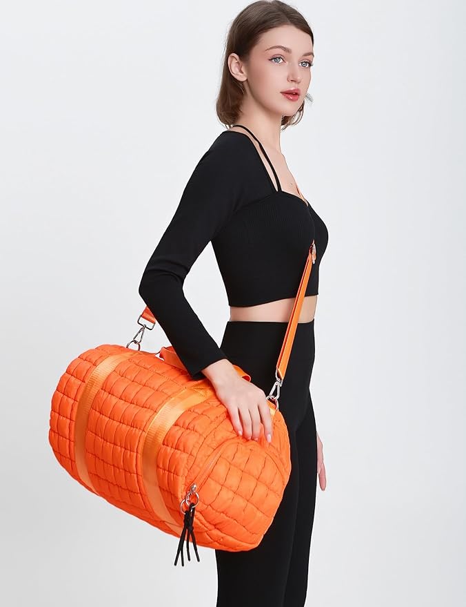 Quilted Duffel Gym Bag for Men and Women Carry On Travel Sport Weekender Bag, Orange