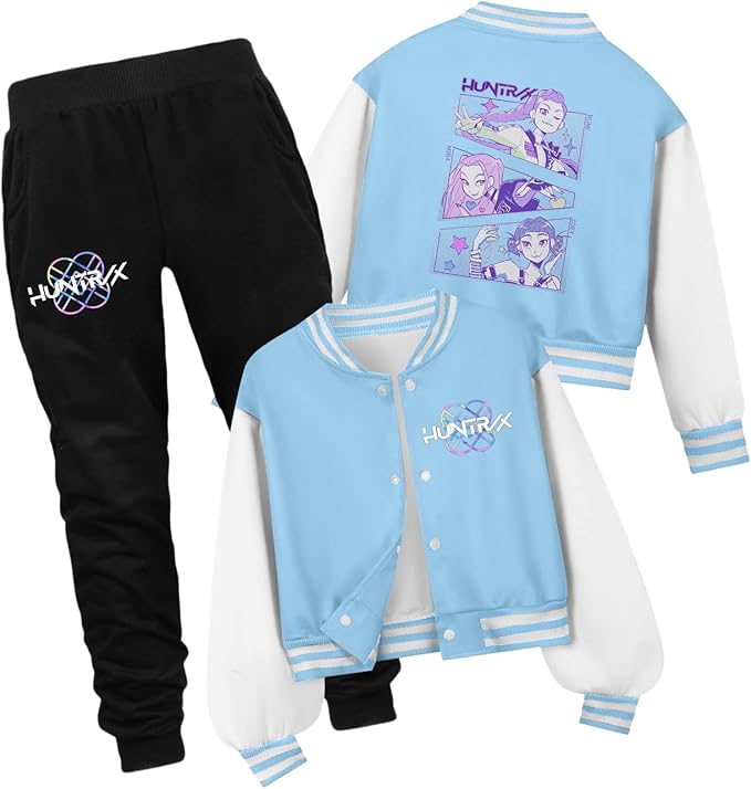 K PopGirls Kpop Tracksuit Cute Cartoon Print Baseball Coats Fashion Long Sleeve Jackets and Pants Christmas Costume Set