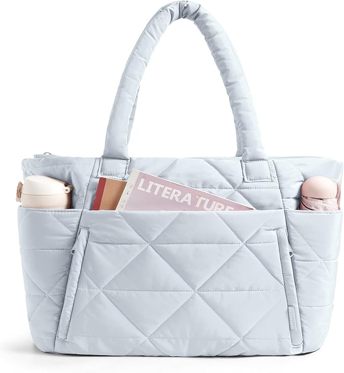 BAGSMART Tote Bag for Women, Puffy Tote Bag with Zipper, Large Quilted Shoulder Bag with Compartments for Travel, Work, Gym