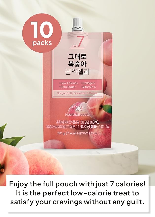 Korean Food Low Calories Squeeze Konjac Jelly, Peach Flavor, Fish Collagen, Vitamin, Zero Sugar, Chewier Texture, Health&Beauty (Net WT 5.07 oz, Pack of 10) 곤약젤리
