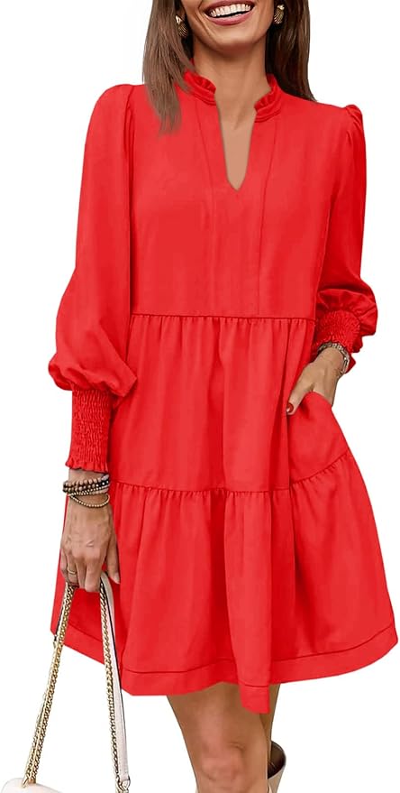 Imily Bela Womens Fall Long Sleeve Tunic Dress Casual V Neck Loose Ruffle Tiered Dress
