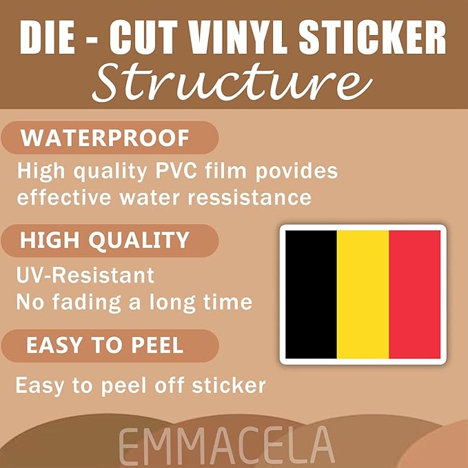 (3PCS) Belgium Flag stickers, Countries Flag Stickers - Waterproof Vinyl Decals For Laptops, Tumblers, Water Bottles, Books, Scrapbooks, Size 3 x 2.5