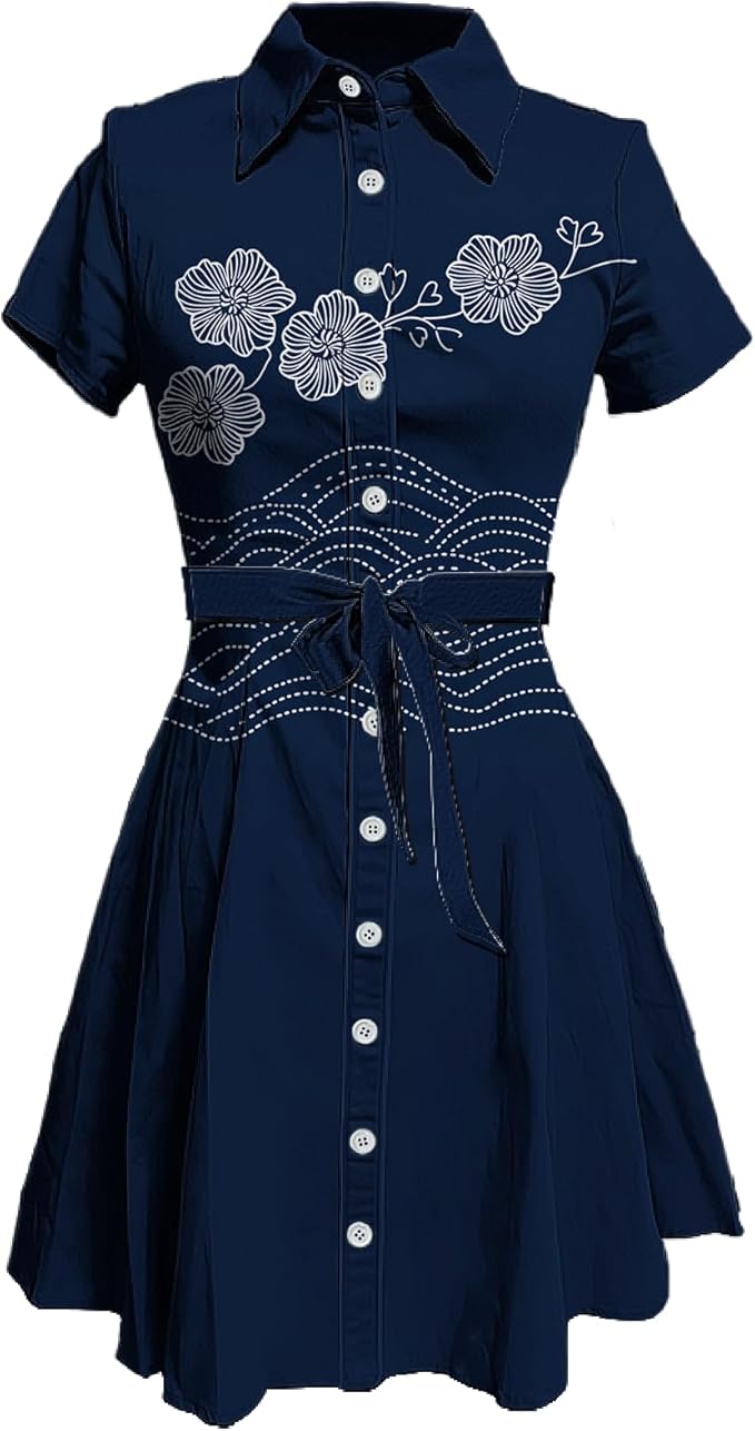 MARSVOVO Japanese Art Shirt Dresses for Women Short Sleeve Ruffle Button Down Tie Waist Trendy Elegant Midi Dress