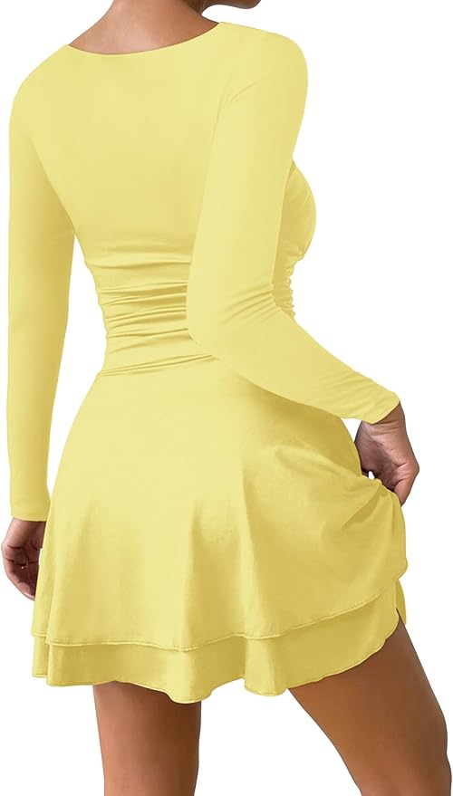 IWD Women's Square Neck Long Sleeve Mini Dress Ruched Corset Waist Tiered Ruffle Hem A Line Short Party Dresses