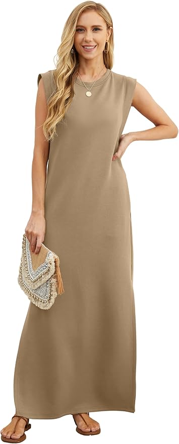 GRECERELLE 2026 Women Year-Round Casual Round Neck Loose Split Wrinkle-Free Long Maxi Vacation Dress with Pockets (XXS-4XL)